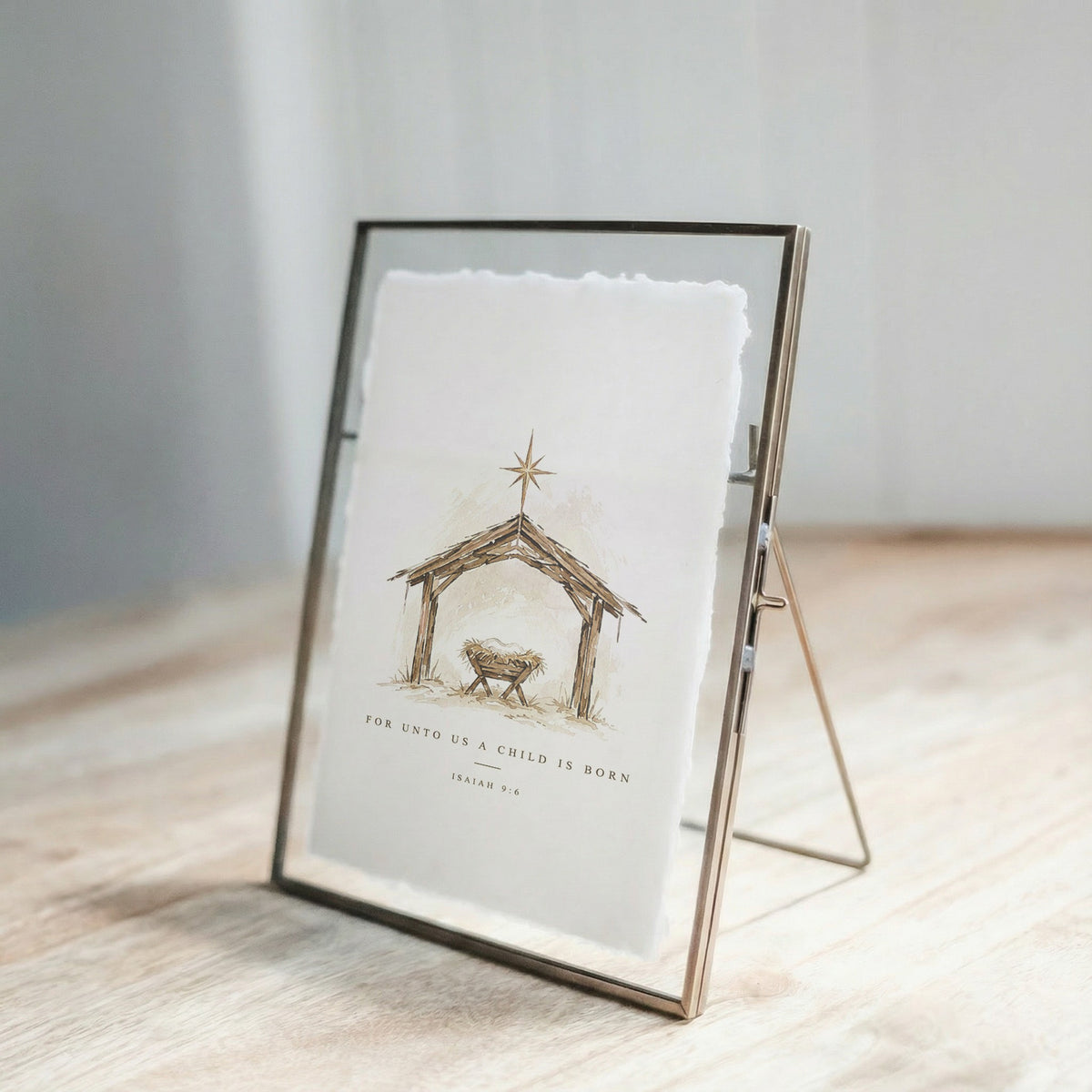 Unto Us Manger Glass Frame & Deckle-Edge Art Card
