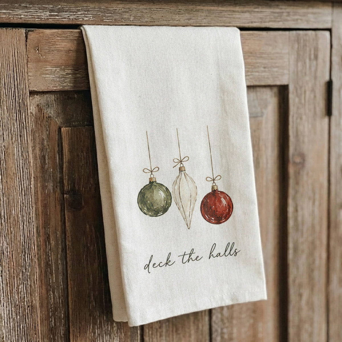 Deck the Halls 3 Ornaments Printed Tea Towel