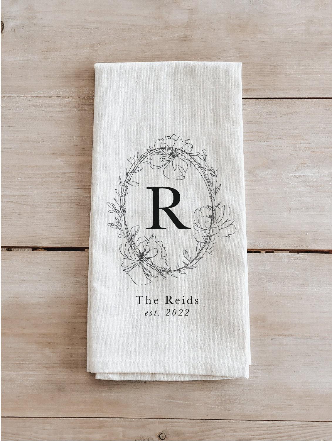 Personalized Tea Towel - Personalized Floral Oval Wreath