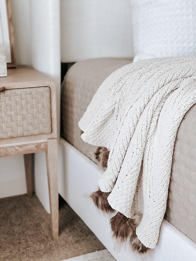 Knit Throw Blanket - Cream Faux Fur Pom Knit Throw Blanket