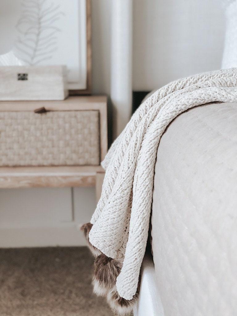 Knit Throw Blanket - Cream Faux Fur Pom Knit Throw Blanket