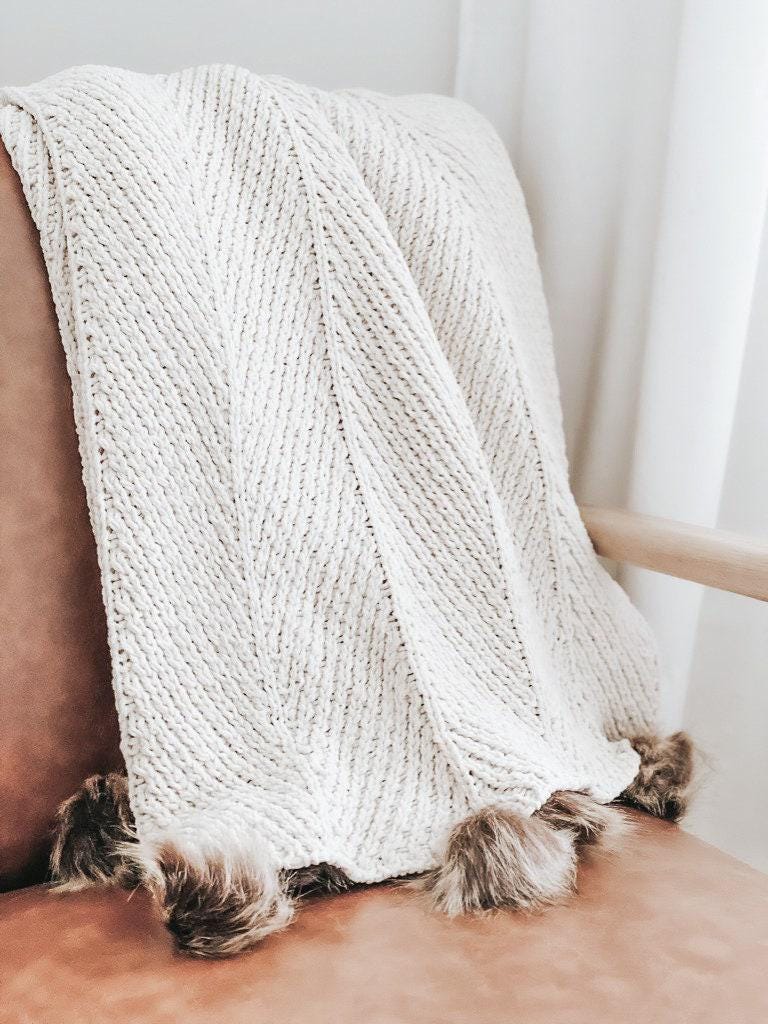 Knit Throw Blanket - Cream Faux Fur Pom Knit Throw Blanket