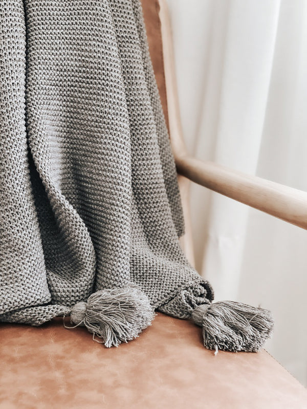 Grey Knit Throw Blanket With Tassels